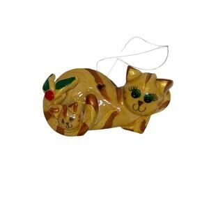 Ceramic Tan Striped Tabby Cat & Kitten Whimsical Christmas Ornament Hand Painted